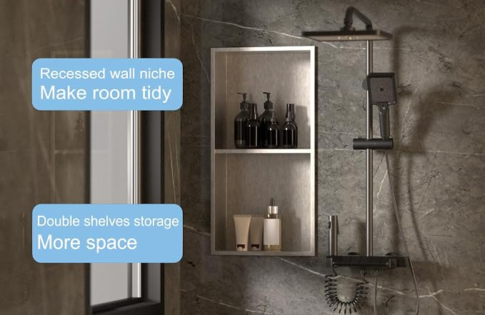 24 x 12 in Recessed Shower Niche with Double Shelves, Brushed Stainless Steel Wall Insert, No Tile Needed, Leakproof Built-in Storage for Bathroom, Kitchen, Bedroom