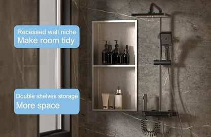 24 x 12 in Recessed Shower Niche with Double Shelves, Brushed Stainless Steel Wall Insert, No Tile Needed, Leakproof Built-in Storage for Bathroom, Kitchen, Bedroom