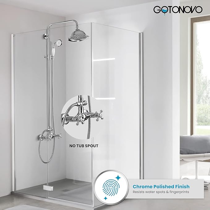gotonovo Bathroom Shower Fixture Polish Chrome 8 Inch Rainfall Shower Head Set Wall Mount Shower Faucet and Handheld Spray Double Cross Handle
