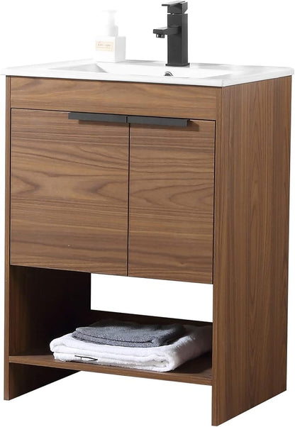 Phoenix 24 Inch Bathroom Vanity with Sink – Modern Design, Soft-Close Doors, Storage Drawers, Durable Build – Walnut Vanity for Small Bathrooms (Full Assembly Required)