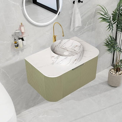 LKTART 30 Inch Floating Bathroom Vanity with Sink, Modern Wall Mounted Bathroom Storage Cabinet with Drawer, Stone Pattern Round White Ceramic Sink Top and Marble Texture Top, Green