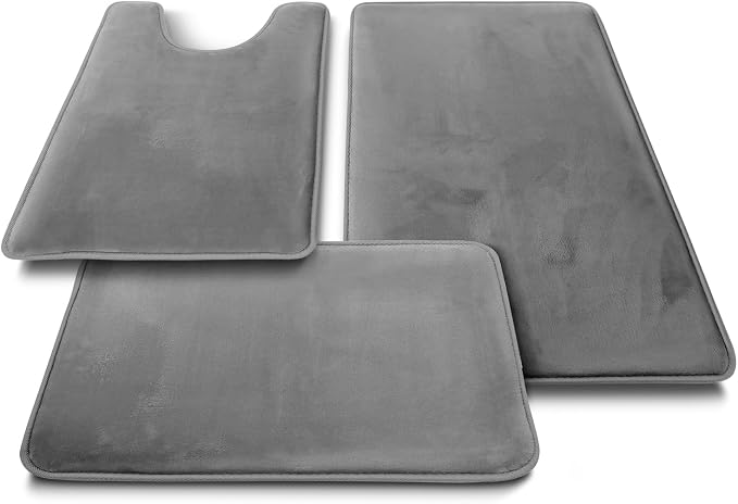 Clara Clark 3 Piece Bathroom Rugs, Velvet Memory Foam Bath Mat Set, Non-Slip Bath Rugs, Machine Wash, Dries Quickly, Ultra Soft Plush Bath Mats for Bathroom, 17 x 24/20 x 32 / Contour, Grey