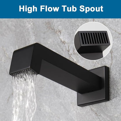 Black Shower Tub Faucet Set Bathroom Rain Shower System with Tub Spout Wall Mounted Rainfall 10 Inch Shower Head and Handle Set Shower Valve and Trim Kit