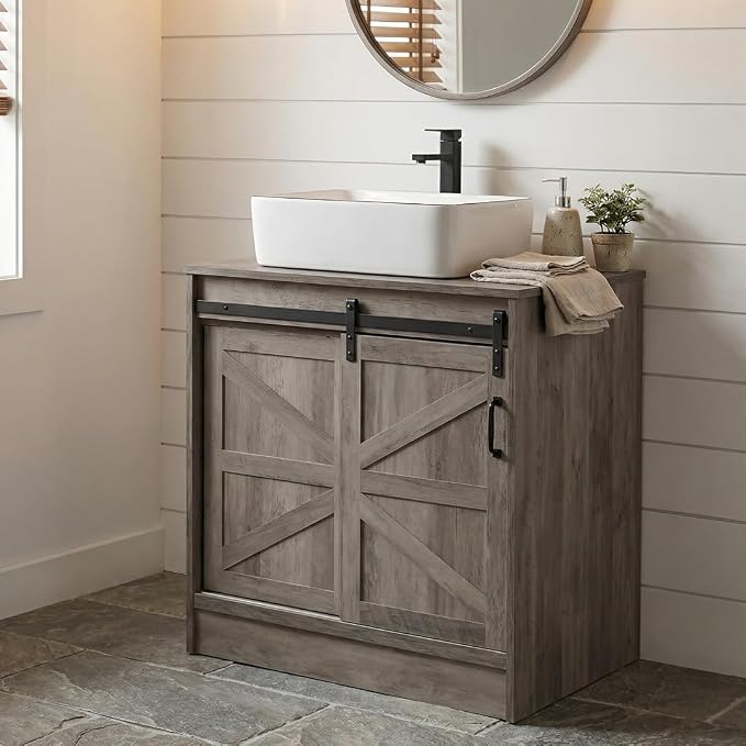 30" Barn Door Bathroom Vanity, Farmhouse Style Standing Pedestal Cabinet with White Ceramic Vessel Sink