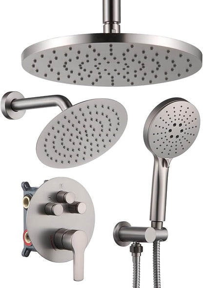 Iriber Brushed Nickel Shower head with Handheld,8"+10" Shower Faucet Set | 10 Inch Ceiling +8 Inch Wall Mount Dual Shower Heads,Push Button Diverter,3 Setting Handheld,Pressure Balance Valve Cartridge