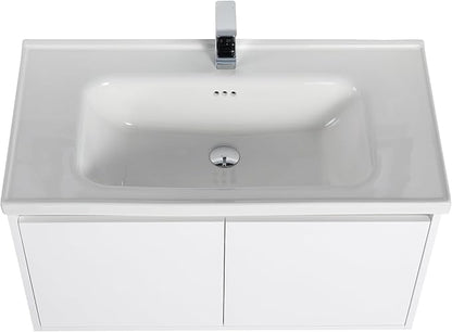 Blossom 36 Inch Wall Mounted Bathroom Vanity with Sink | Floating Wood Vanity Cabinet | Modern Soft-Close Doors & Storage | Ceramic Basin | Space-Saving Design (Glossy White, 36'' Ceramic Sink)