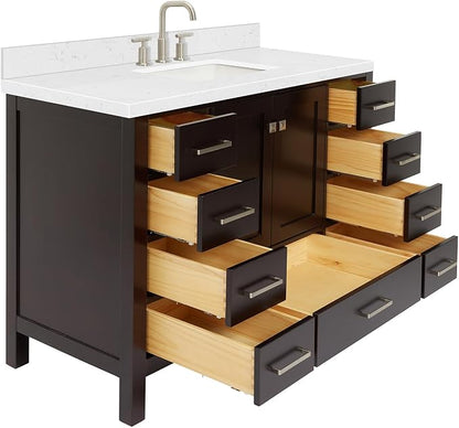 Beckford 48-Inch Bathroom Vanity with Sink — Espresso Single Sink Bathroom Vanity, 1.5" Edge Carrara White Quartz Countertop, Solid Wood, 2 Soft-Close Doors, 9 Dovetail Drawers