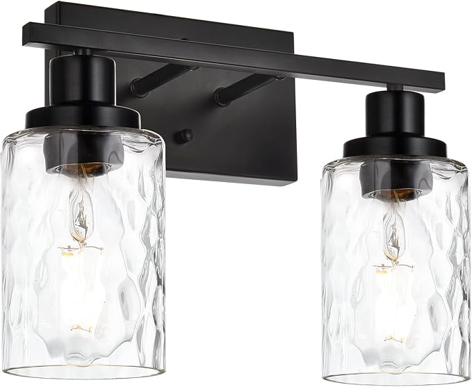 MELUCEE Indoor Wall Sconce Lighting 2-Light Black with Clear Hammered Glass | Modern Bathroom Vanity Light Fixtures Wall Lamp for Mirror Cabinets Powder Room (Patent No.: US D963914 S)