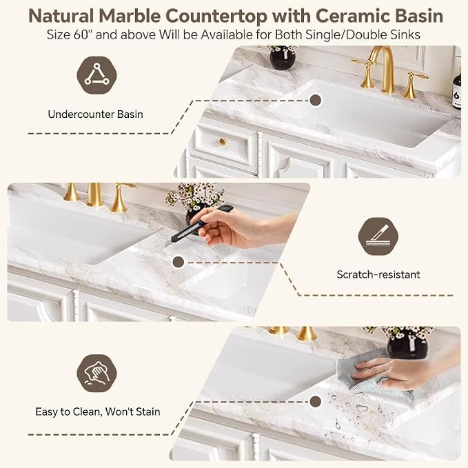 Bathroom Vanity with Single/Double Sink,Smart Defogging Mirror and Cabinet,48-92IN French Elegant Style Solid Wood Floor Standing Vanity