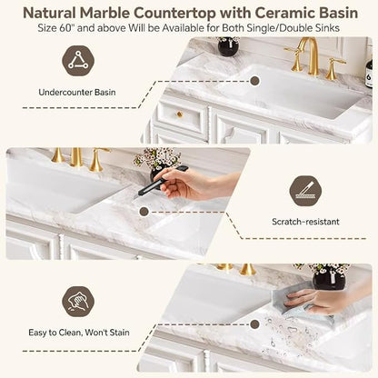 Bathroom Vanity with Single/Double Sink,Smart Defogging Mirror and Cabinet,48-92IN French Elegant Style Solid Wood Floor Standing Vanity