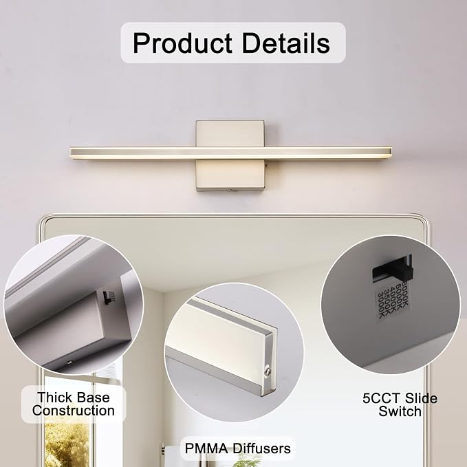 16W LED Vanity Light Bar, 19.6-Inch Brushed Nickel Bathroom Fixture, 5CCT Color Changeable & Dimmable Over-Mirror Lighting