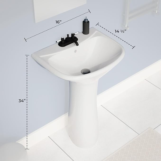 Renovators Supply Manufacturing Ondine Space Saving 16" W x 33" H x 14.5" Proj. Small Bathroom Pedestal Sink, Vitreous China, with Overflow, Compatible with 4 in. Centerset Faucets