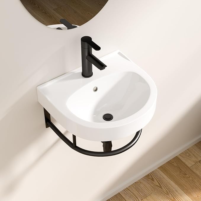 Logmey 16 Inch Wall Mount Bathroom Sink 16"x14" Floating Sink White Porcelain Ceramic Wall Hung Vessel Sink Wash Hand Basin with Bracket