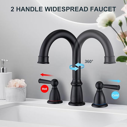 CREA Widespread Bathroom Faucet Black 3 Hole Sink Faucet 8 inch with Pop Up Drain 2 Handle 4 inch Faucets for Vanity Lavatory Basin Restroom Bath Sink