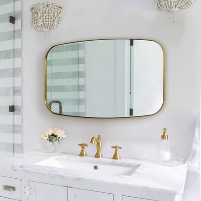 Gold Bathroom Mirror, 20x30’’ Brushed Gold Vanity Mirror for Bathroom, Brushed Brass Oblong Stainless Steel Metal Frame Mirror for Over Sink
