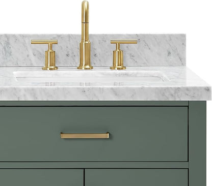Isabella 72-inch Vintage Green Bathroom Vanity with Left & Right Rectangle Double Sinks, Italian Carrara Marble Countertop & Backsplash, Solid Wood Frame, Soft-Closing & Dovetail Drawers