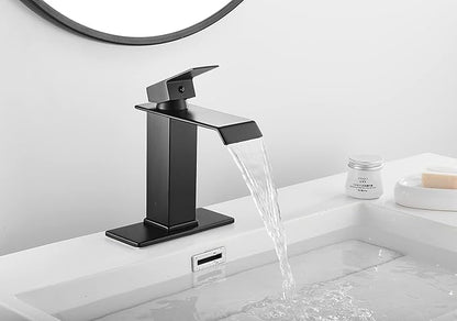 Black Bathroom Faucet Waterfall One Handle Hole Bathroom Sink Faucet Washbasin Faucet with Deck Plate Bath Vanity Lavatory Tap Modern Commercial Drian with Overflow Include