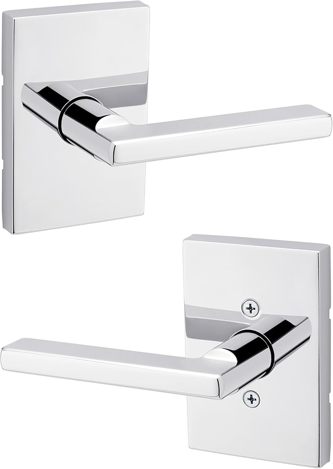 Kwikset Halifax Interior Passage Rectangle Door Handle, Lever for Closet and Hallway Doors, Reversible Non-Locking Handle Lever, Polished Chrome