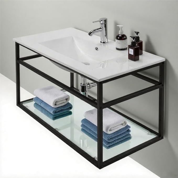 wonline 36" Bathroom Vanity Metal Frame with Sink Top, Floating Vanity with Open Shelf, Modern Wall Mounted Bathroom Cabinet Set with White Sink