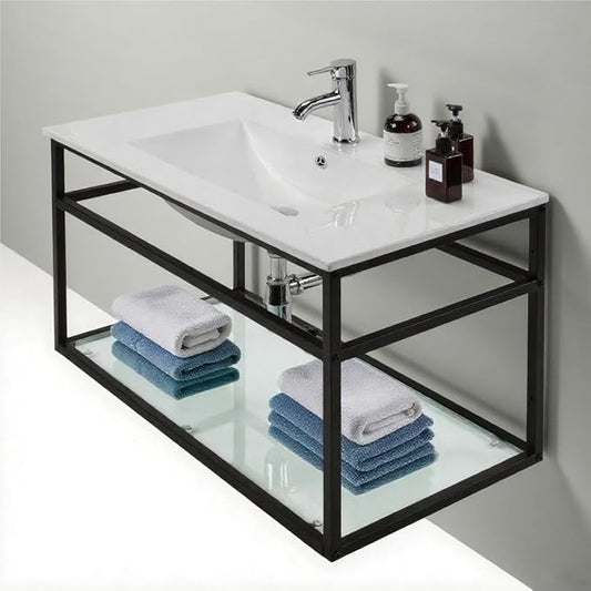 wonline 36" Bathroom Vanity Metal Frame with Sink Top, Floating Vanity with Open Shelf, Modern Wall Mounted Bathroom Cabinet Set with White Sink