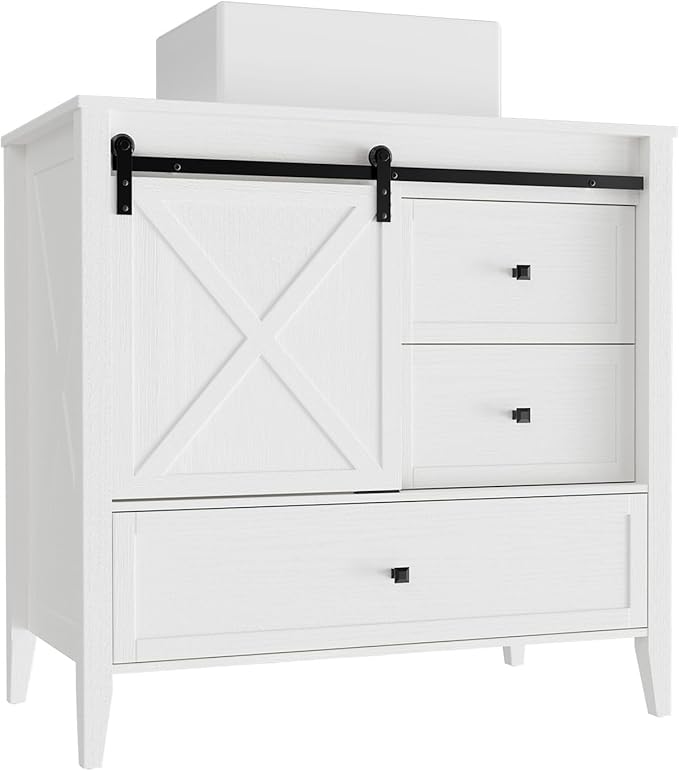 VNN Bathroom Vanity with Sink - 36 Inch Bathroom Vanity with Sink Ceramic, Freestanding Cabinet with Farmhouse Sliding Barn Door and 3 Drawers, Space-Saving Storage Cabinet, Wood Grain Texture, White