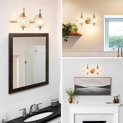 Brushed Gold Bathroom Vanity Light Fixture Vintage Style - 2 Light G9 Bulb Compatible, 17" Wide Bathroom Lighting Over Mirror with Hand-Etched Glass Shades, Easy Mount for Makeup Area