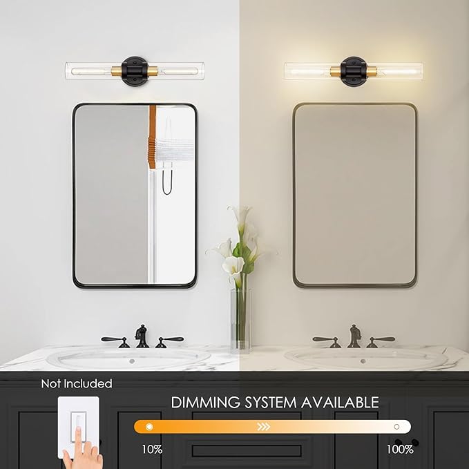 Hardwired Wall Sconces Set of 2, Bathroom Sconces Vanity Light Fixture with Clear Glass, Black and Gold Farmhouse Wall Lights for Bathroom Mirror Living Room Hallway Kitchen