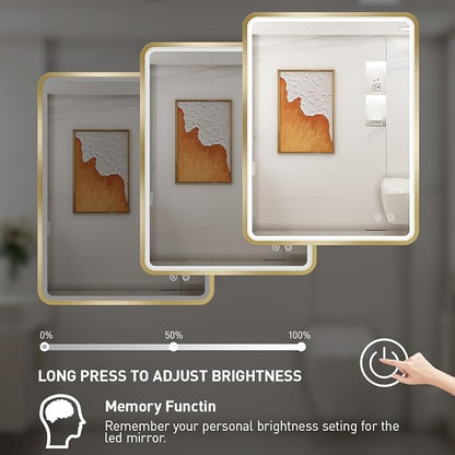 28x36 Inch LED Gold Frame Lighted Bathroom Mirror,3-Color | ETL Listed,Anti-Fog,3000K/4500K/6000K Dimmable,Horizontal & Vertical,Wall Mounted,Memory Function