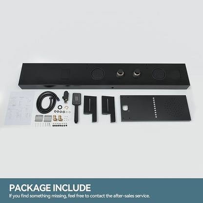 5 in 1 Black Shower Panel Tower System With Storage Shelf, 304 Stainless Steel Shower Tower with Rainfall Shower Handheld and Tub Spout, Powerful Body Jets, Wall-Mounted Shower Set