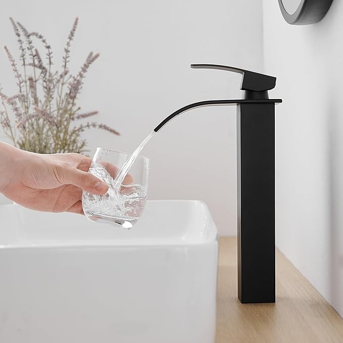 RUMOSE Tall Bathroom Faucet Matte Black Vessel Sink Faucet with Pop Up Drain Modern Single Handle One Hole Waterfall Vanity Tap, Stainless Steel