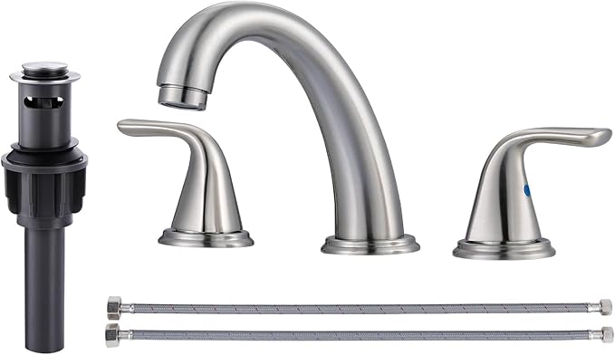 Bathroom Sink Faucet 3 Holes Brushed Nickel, ALEASHA Widespread Bathroom Faucet, Washroom Sink Faucets with 304 Stainless Steel Lead-Free Hose, Pop Up Drain with Overflow for RV Restroom Vanity Camper