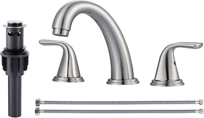Bathroom Sink Faucet 3 Holes Brushed Nickel, ALEASHA Widespread Bathroom Faucet, Washroom Sink Faucets with 304 Stainless Steel Lead-Free Hose, Pop Up Drain with Overflow for RV Restroom Vanity Camper