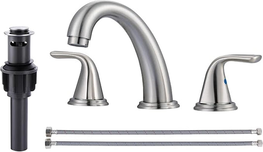 Bathroom Sink Faucet 3 Holes Brushed Nickel, ALEASHA Widespread Bathroom Faucet, Washroom Sink Faucets with 304 Stainless Steel Lead-Free Hose, Pop Up Drain with Overflow for RV Restroom Vanity Camper
