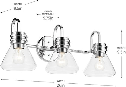 Kichler Farum 26" 3-Light Vanity Light with Clear Glass in Chrome, for Single or Double Vanity, Over a Mirror, Powder Room, Bathroom, (26" W x 9.5" H), 55155CHCLR