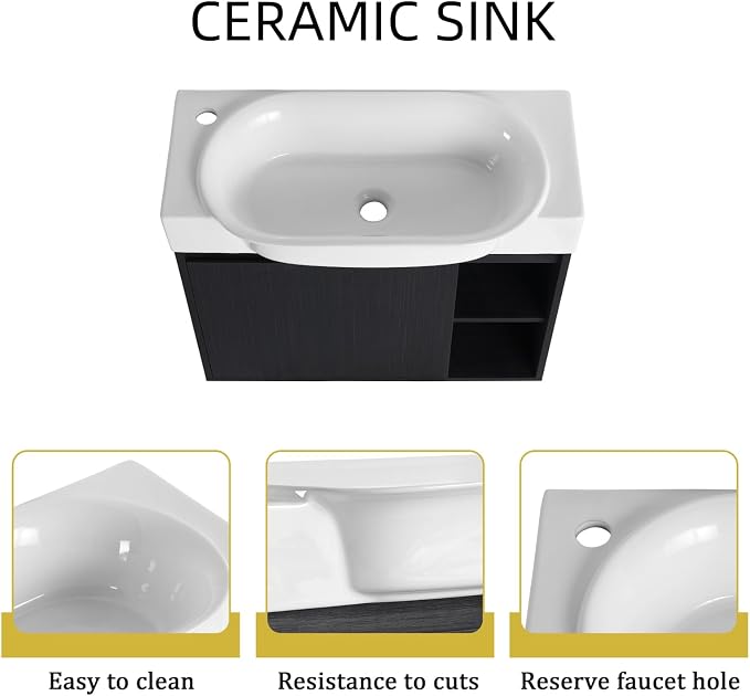 28" Wall Mounted Bathroom Vanity with Sink, Small Vanity, Black | Integrated Ceramic Sink, Soft-Close Door & 2 Open Storage Shelves, Small Bath Vanity Set, Easy to Clean
