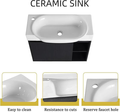 28" Wall Mounted Bathroom Vanity with Sink, Small Vanity, Black | Integrated Ceramic Sink, Soft-Close Door & 2 Open Storage Shelves, Small Bath Vanity Set, Easy to Clean