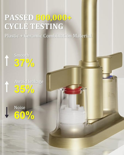 Brushed Gold Bathroom Sink Faucet 3 Hole 4 Inch Centerset Bathroom Faucets | Faucet for Bathroom Sink with Pop Up Drain and 2 Supply Hoses 2 Handle Bathroom Faucet for Sink Vanity RV Evolvegoods