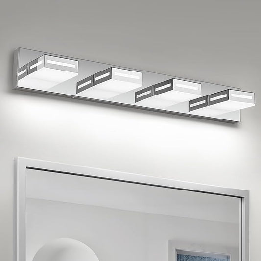 LED Modern Bathroom Light Fixtures, 4-Light 30-Inch Chrome Vanity Lights for Bathroom Lighting Fixtures Over Mirror, 350° Rotatable Acrylic, 6000K Cool White Wall Lamp