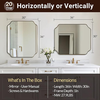 30"x36" Gold Bathroom Mirror, Brushed Brass Rectangle Mirror for Bathroom, Scalloped Vanity Mirror in Anti-Rust Stainless Steel Metal Thin Frame, Wall Mount Vertical or Horizontal