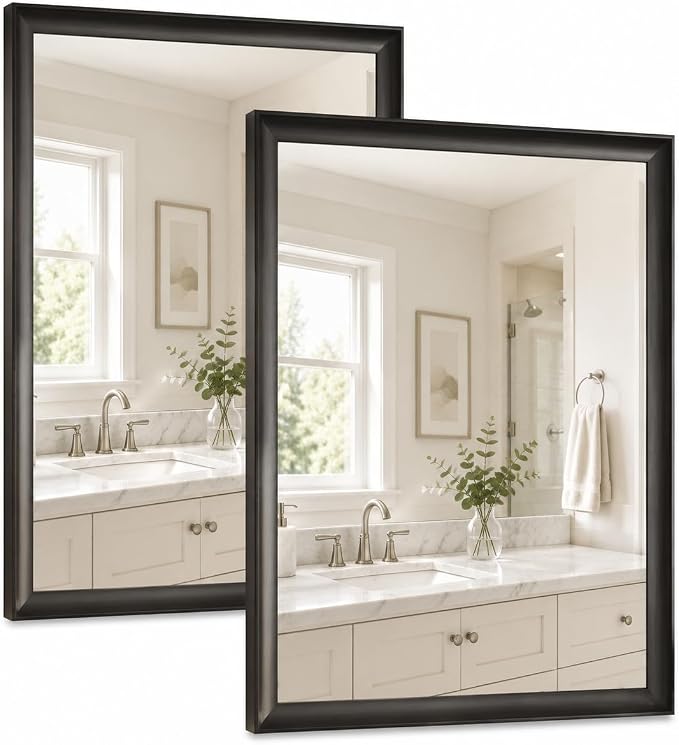 2 Pack Black Bathroom Mirrors for Over Sink 22x30 Inch | Rectangle Wall Vanity Mirror for Bedroom, Entryway, Living Room Decor, Aluminum Alloy Framed, Anti-Rust