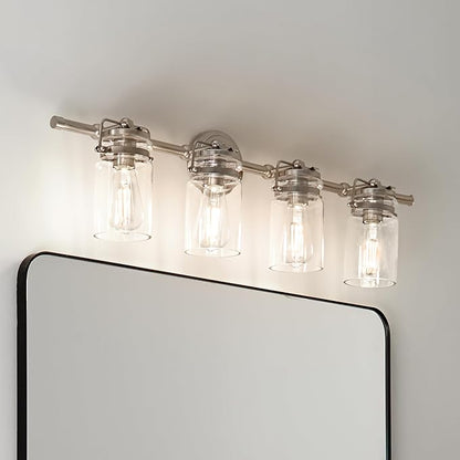Kichler Brinley 4-Light Farmhouse Vanity Light, Brushed Nickel | Modern farmhouse vanity light with clear glass for bathroom mirrors (32.25" x 10"), 45690NI