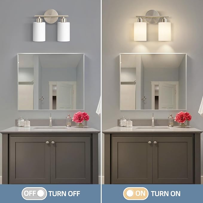 Brushed Nickel Bathroom Light Fixtures, 2-Light Modern Vanity Light Over Mirror, Wall Sconces with Milky White Frosted Glass Shades for Hallway, E26
