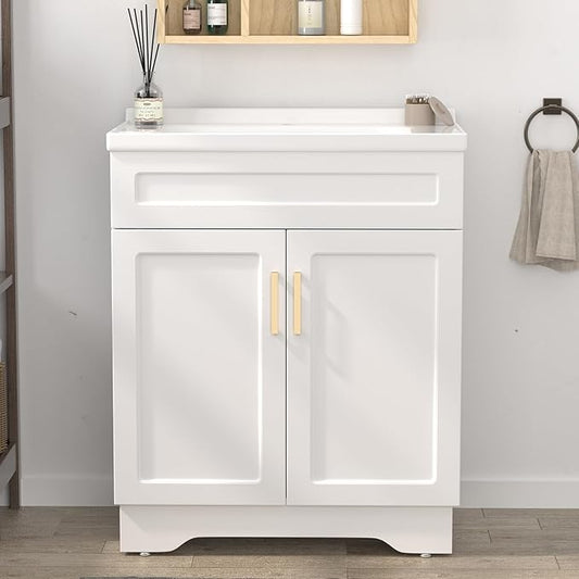 OLD CAPTAIN Bathroom Vanity with Ceramic Sink, Wooden Double Door Bathroom Vanity, 32 Inch Bath Cabinet with Sink and Storage, White