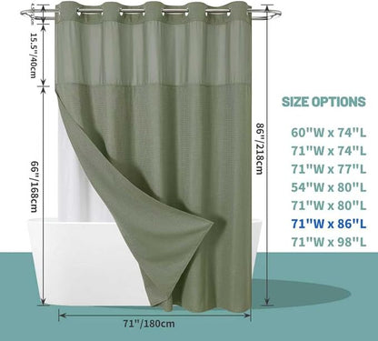 No Hook Long Waffle Shower Curtain, Snap-In Liner, 71x86 in, Sage Green | 230 GSM waffle weave fabric, waterproof liner set with 2 bottom magnets, mesh top window, washable, for bathroom or hotel use