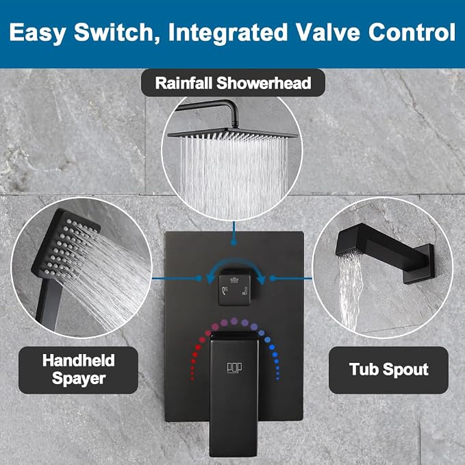 Matte Black Shower Tub Faucet Set Bathroom Rain Shower System with Tub Spout Wall Mounted Rainfall 10 Inch Shower Head and Handle Set Include Shower Valve and Trim Kit