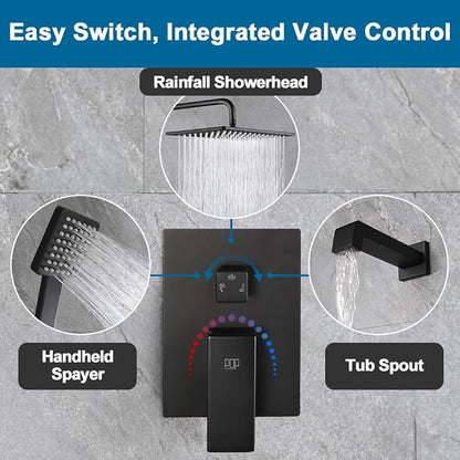 Matte Black Shower Tub Faucet Set Bathroom Rain Shower System with Tub Spout Wall Mounted Rainfall 10 Inch Shower Head and Handle Set Include Shower Valve and Trim Kit