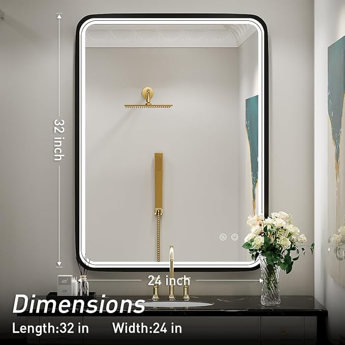 LED Bathroom Mirror,Black Frame,32x24 Inch | ETL Listed,Anti-Fog,3000K/4500K/6000K Dimmable,Horizontal & Vertical,Wall Mounted,Memory Function Ideal for Bathroom,Vanity