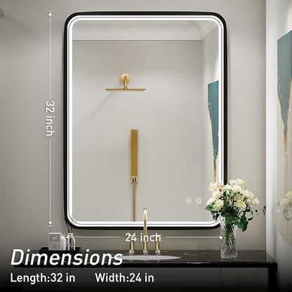 LED Bathroom Mirror,Black Frame,32x24 Inch | ETL Listed,Anti-Fog,3000K/4500K/6000K Dimmable,Horizontal & Vertical,Wall Mounted,Memory Function Ideal for Bathroom,Vanity
