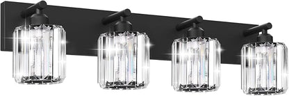 Black Crystal Bathroom Vanity Light, 4-Light Modern Bathroom Lighting Fixtures Over Mirror, Matte Black Wall Sconce Light Fixtures with Round Shade