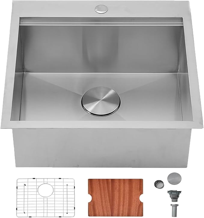 HOTIS 21 X 20 Inch Drop In Kitchen Sink, Handmade Stainless Steel Kitchen Sink, Large Residential Sinks with 1 Holes, Single Bowl Workstation with Dish Grid & Drain and Cutting Board